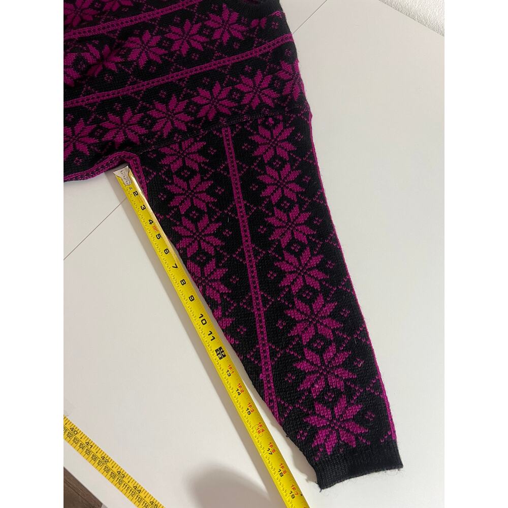 Nordstrikk Norway Sweater Women Large Virgin Wool Black Fuchsia Floral Pullover - Picture 11 of 14